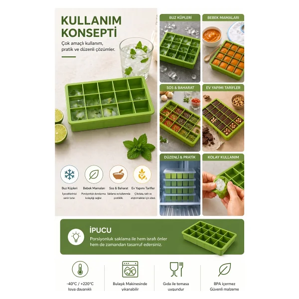 Evolis Kitchen 2 Adet 15 Bölmeli Büyük Boy Silikon Buz Kalıb-Kare Buzluk Kokteyl Sunum Buz Kalıbı Et Suyu Saklama - Yeşil - Görsel 3