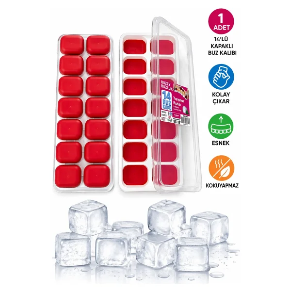 Evolis Kitchen Evolıs Kitchen 14 Bölmeli Yapışmaz Silikon Bas Çıkar Buzluk Buz Kalıbı 1 Adet(25x10) - Kırmızı - Görsel 5