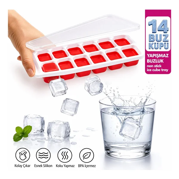 Evolis Kitchen Evolıs Kitchen 14 Bölmeli Yapışmaz Silikon Bas Çıkar Buzluk Buz Kalıbı 1 Adet(25x10) - Kırmızı - Görsel 2