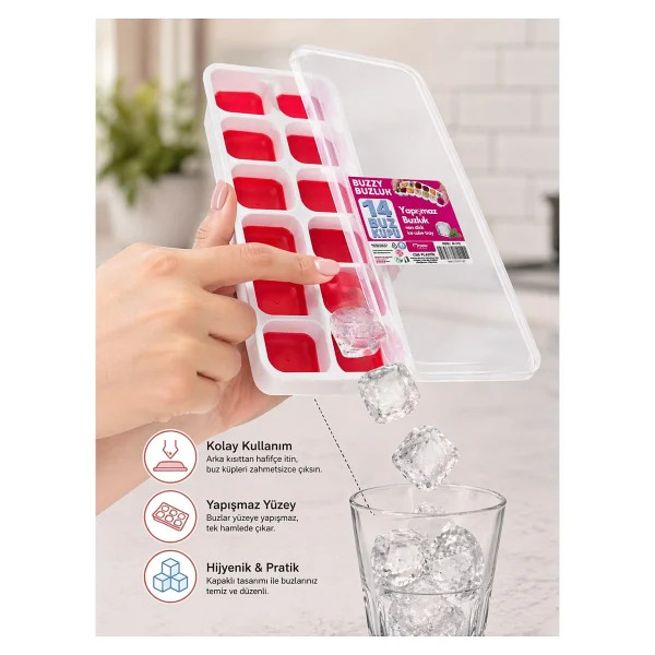 Evolis Kitchen Evolıs Kitchen 14 Bölmeli Yapışmaz Silikon Bas Çıkar Buzluk Buz Kalıbı 1 Adet(25x10) - Kırmızı - Görsel 3