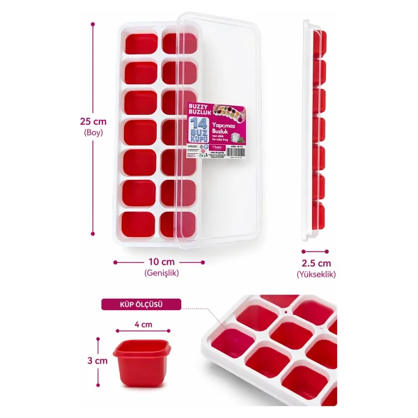 Evolis Kitchen Evolıs Kitchen 14 Bölmeli Yapışmaz Silikon Bas Çıkar Buzluk Buz Kalıbı 1 Adet(25x10) - Kırmızı - Görsel 4