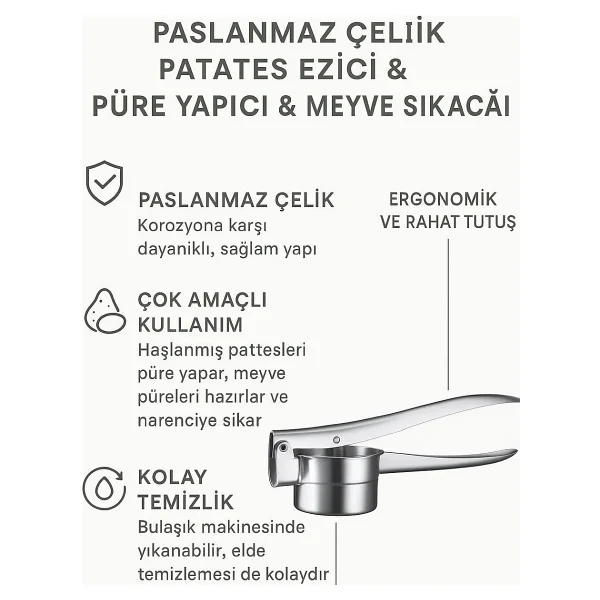 Chavin Çelik 9 Cm Patates Ezici Püre Yapıcı Meyve Sıkacağı Pres Cın787 - Görsel 6