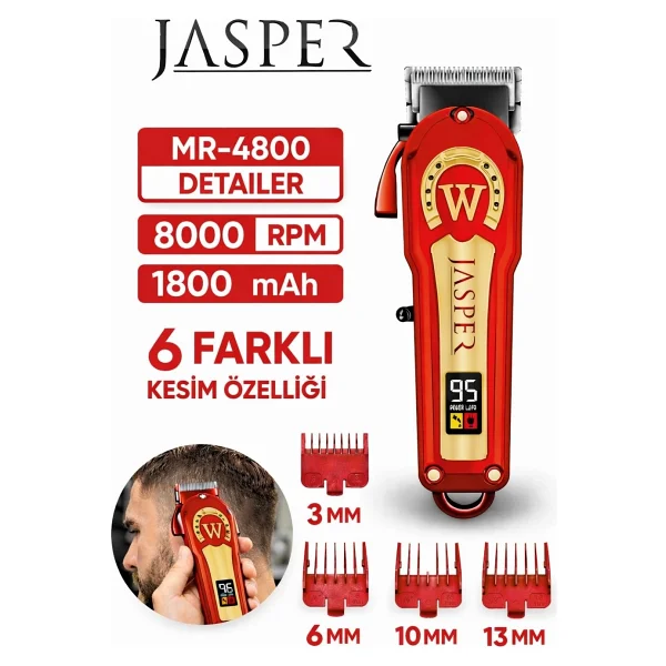 Jasper Jpr-4800 Kırmızı Profesyonel Tıraş Makinesi 6 Farklı Kesim Özelliği Saç-Sakal Kesim - Görsel 6