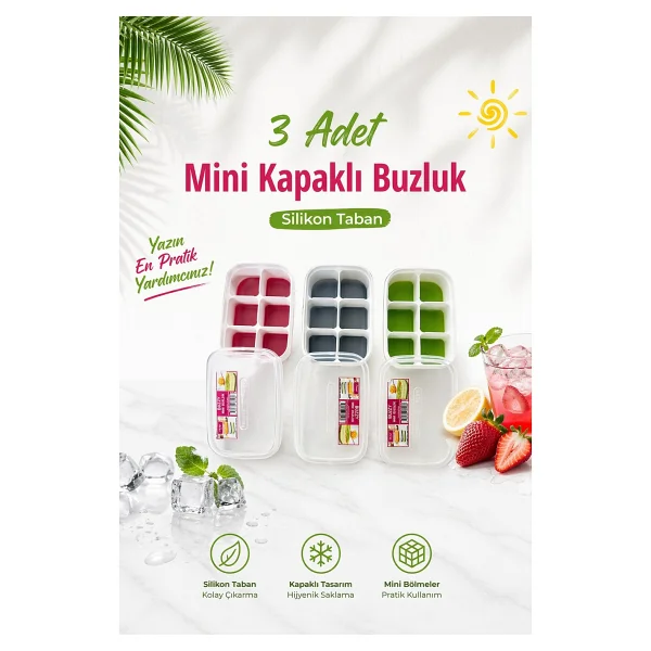 Evolis Kitchen 3 Adet Silikon Bas Çıkar Buzluk 6 Hazneli Kapaklı Yapışmaz Silikon Kokteyl Sunum Buz Kalıbı - Görsel 6