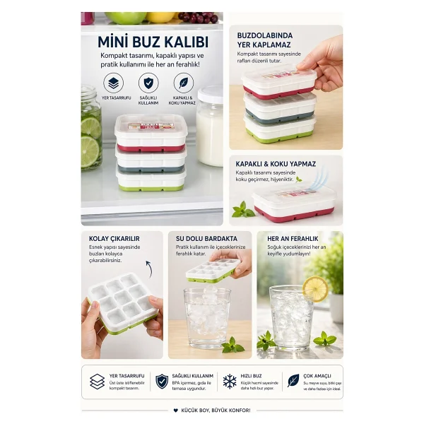 Evolis Kitchen 3 Adet Silikon Bas Çıkar Buzluk 6 Hazneli Kapaklı Yapışmaz Silikon Kokteyl Sunum Buz Kalıbı - Görsel 2