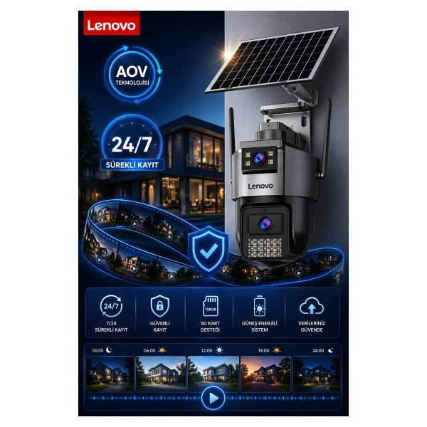 Lenovo 2 Kameralı SIM Kartlı Solar Panelli Aov Sürekli Kayıt Yapabilen Gece Görüşlü Güvenlik Kamerası - Görsel 2