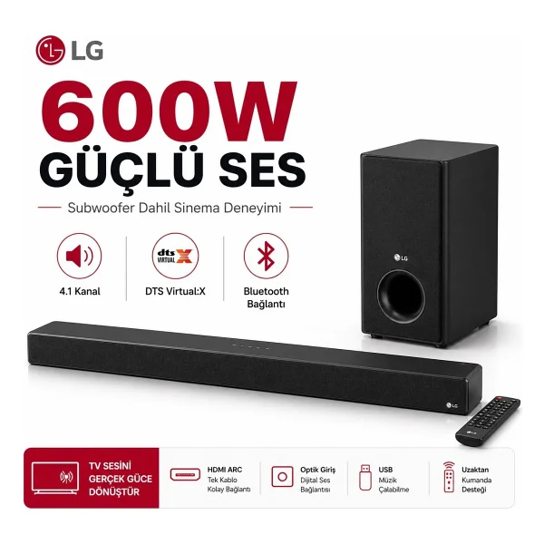 Lg 600 W Yüksek Çıkış Gücüne Sahip 4.1 Kanal Bluetooth Destekli Subwoofer Içeren Ev Sinema Sistemi Soundbar Ve Kablosuz Müzik Dinleme Seti - Siyah - Görsel 10