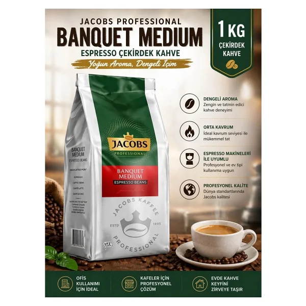 Jacobs Banquet Medium Espresso Beans 8 X 1000 Gr Özel Kavrulmuş Lezzetli Türkiye Menşeli Kahve - 1 Kg - Görsel 3