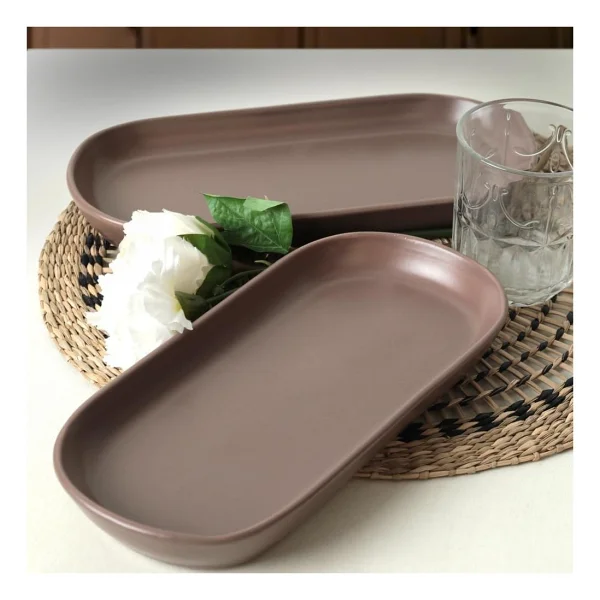 Keramika Mat Açık Taupe Siera 33 cm 2'li Kayık Tabak - Görsel 3