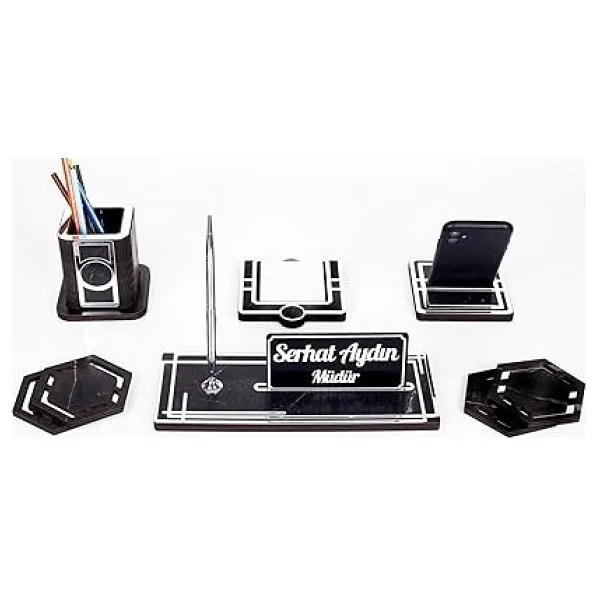 Space+Gümüş Kalemlik Ahşap Masa İsimliği Seti Mermer Desen Hediye Ofis Organizer Masa Üstü İsimlik - Görsel 2