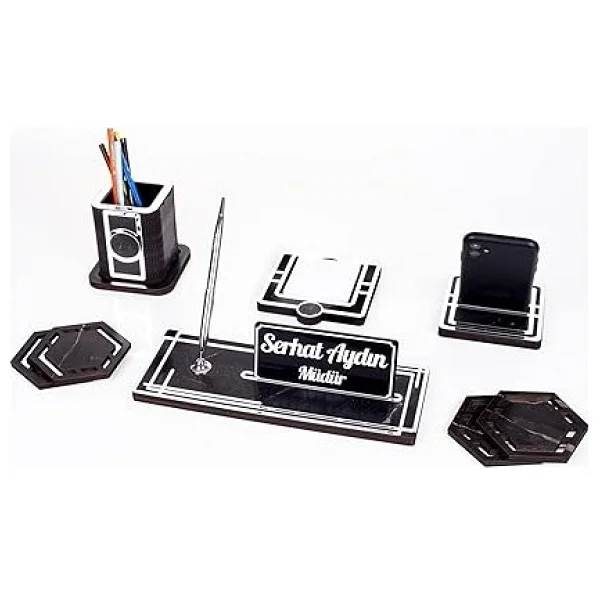 Space+Gümüş Kalemlik Ahşap Masa İsimliği Seti Mermer Desen Hediye Ofis Organizer Masa Üstü İsimlik - Görsel 3