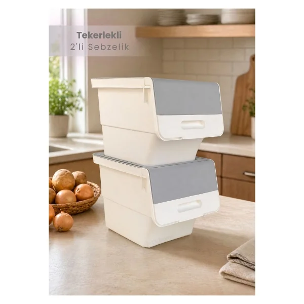 Jet's Home 2'li Patates Soğan Sepeti Beyaz-Gri Tekerlekli Kapaklı Havalandırmalı 24 Litre Sebzelik Organizer - Görsel 5