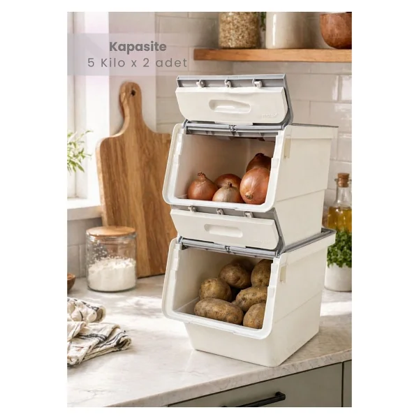 Jet's Home 2'li Patates Soğan Sepeti Beyaz-Gri Tekerlekli Kapaklı Havalandırmalı 24 Litre Sebzelik Organizer - Görsel 6