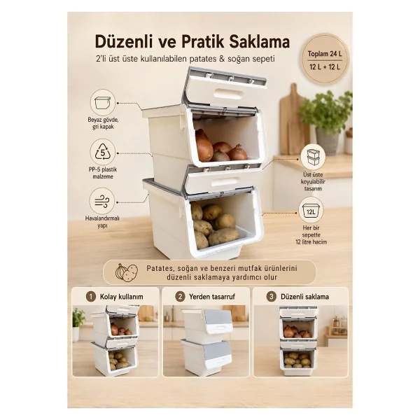 Jet's Home 2'li Patates Soğan Sepeti Beyaz-Gri Tekerlekli Kapaklı Havalandırmalı 24 Litre Sebzelik Organizer - Görsel 7