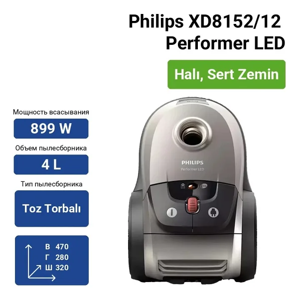 Philips Performer LED XD8152/12 899 W Toz Torbalı Elektrikli Süpürge - Görsel 6