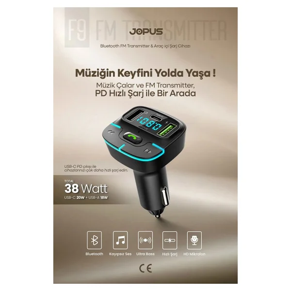 Jopus Bluetooth Fm Transmitter Araç Kiti, Hızlı Şarj,USB, Type-C, HD Mikrofon - Görsel 9