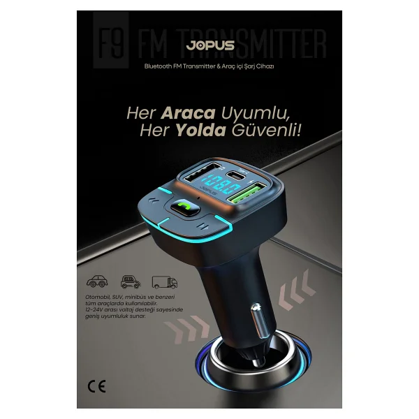 Jopus Bluetooth Fm Transmitter Araç Kiti, Hızlı Şarj,USB, Type-C, HD Mikrofon - Görsel 2