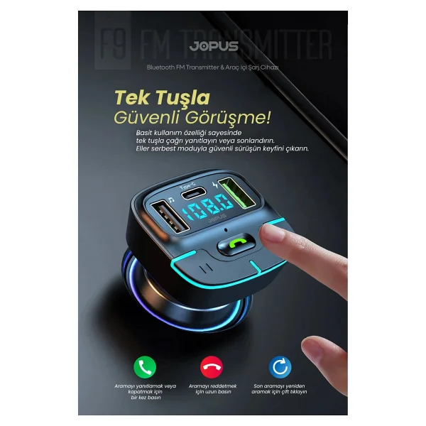Jopus Bluetooth Fm Transmitter Araç Kiti, Hızlı Şarj,USB, Type-C, HD Mikrofon - Görsel 3