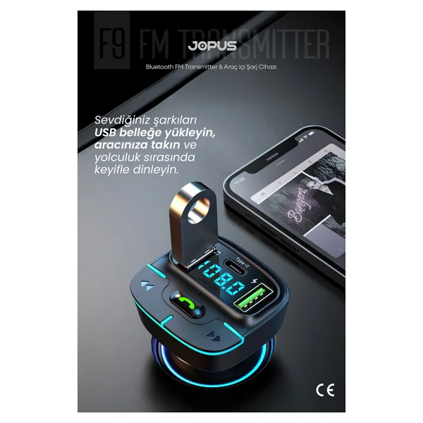 Jopus Bluetooth Fm Transmitter Araç Kiti, Hızlı Şarj,USB, Type-C, HD Mikrofon - Görsel 4