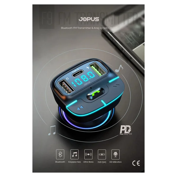 Jopus Bluetooth Fm Transmitter Araç Kiti, Hızlı Şarj,USB, Type-C, HD Mikrofon - Görsel 5