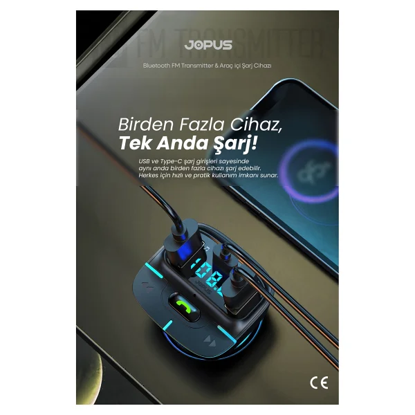 Jopus Bluetooth Fm Transmitter Araç Kiti, Hızlı Şarj,USB, Type-C, HD Mikrofon - Görsel 6