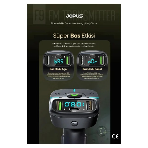 Jopus Bluetooth Fm Transmitter Araç Kiti, Hızlı Şarj,USB, Type-C, HD Mikrofon - Görsel 7