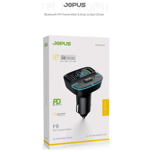 Jopus Bluetooth Fm Transmitter Araç Kiti, Hızlı Şarj,USB, Type-C, HD Mikrofon - Görsel 8