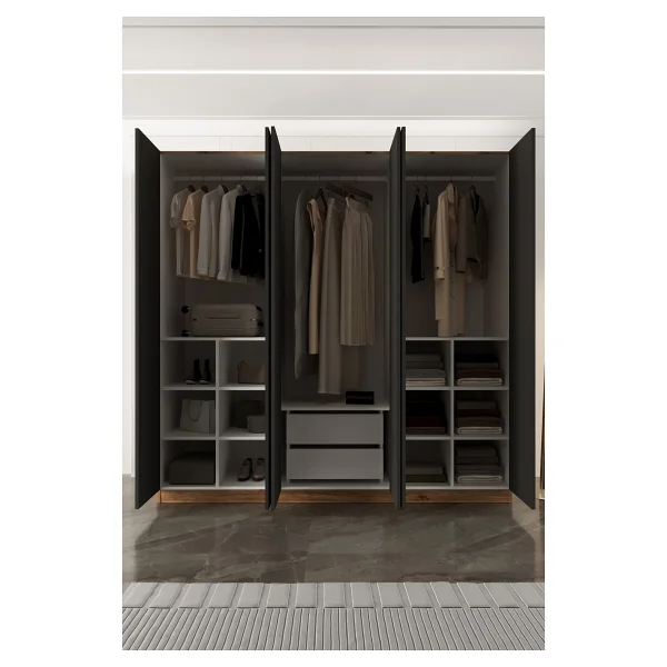 Aeka Ae-2190 Hisar Atlantik Çam/Atlantik Çam 6 Kapaklı Çok Bölmeli Askılı Ve Raflı Geniş Hacimli Gardırop 210x210 Cm - Görsel 9