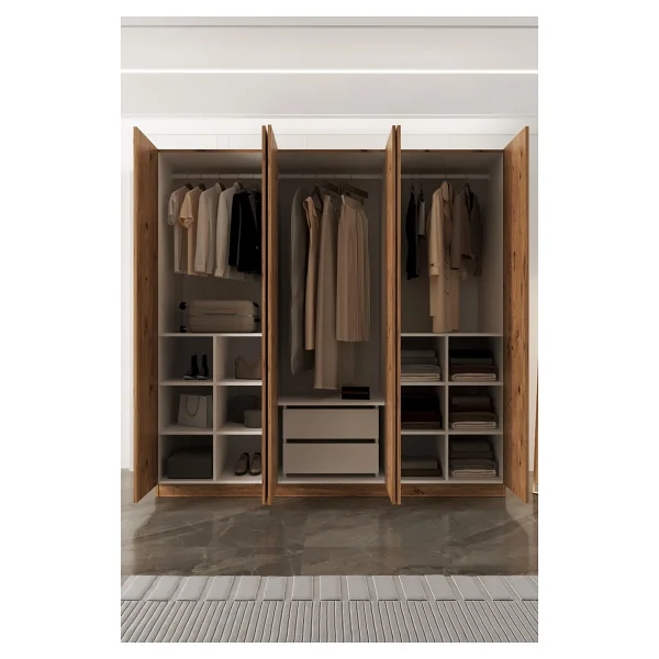 Aeka Ae-2190 Hisar Atlantik Çam/Atlantik Çam 6 Kapaklı Çok Bölmeli Askılı Ve Raflı Geniş Hacimli Gardırop 210x210 Cm - Görsel 10
