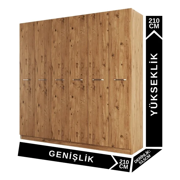 Aeka Ae-2190 Hisar Atlantik Çam/Atlantik Çam 6 Kapaklı Çok Bölmeli Askılı Ve Raflı Geniş Hacimli Gardırop 210x210 Cm - Görsel 2