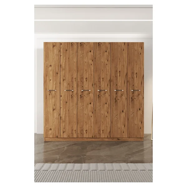 Aeka Ae-2190 Hisar Atlantik Çam/Atlantik Çam 6 Kapaklı Çok Bölmeli Askılı Ve Raflı Geniş Hacimli Gardırop 210x210 Cm - Görsel 5