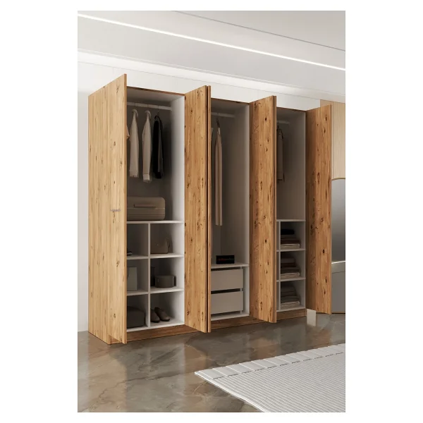 Aeka Ae-2190 Hisar Atlantik Çam/Atlantik Çam 6 Kapaklı Çok Bölmeli Askılı Ve Raflı Geniş Hacimli Gardırop 210x210 Cm - Görsel 6