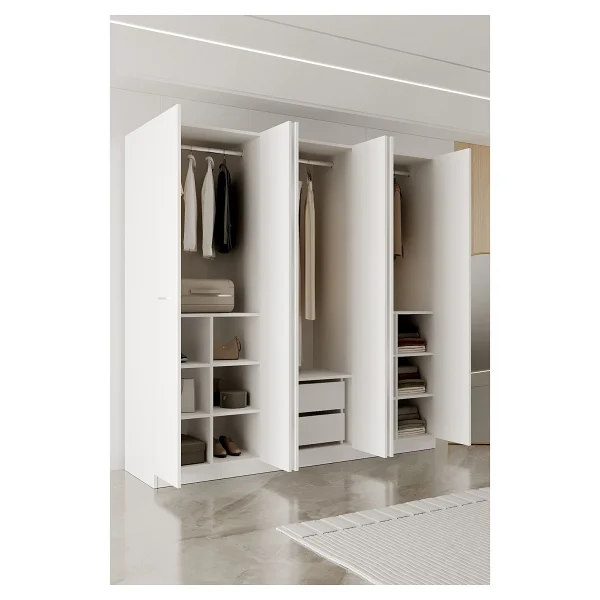 Aeka AE-2190 Hisar Beyaz/beyaz 6 Kapaklı Çok Bölmeli Askılı ve Raflı Geniş Hacimli Gardırop 210X210 cm - Görsel 6