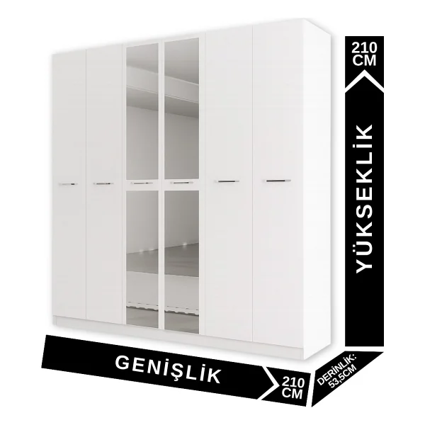 Aeka Ae-2191 Hisar Beyaz/Beyaz Aynalı 6 Kapaklı Çok Bölmeli Askılı Ve Raflı Geniş Hacimli Gardırop 210x210 Cm - Görsel 2