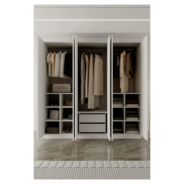 Aeka Ae-2191 Hisar Beyaz/Beyaz Aynalı 6 Kapaklı Çok Bölmeli Askılı Ve Raflı Geniş Hacimli Gardırop 210x210 Cm - Görsel 4