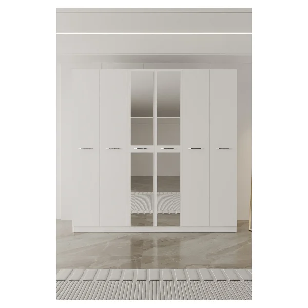 Aeka Ae-2191 Hisar Beyaz/Beyaz Aynalı 6 Kapaklı Çok Bölmeli Askılı Ve Raflı Geniş Hacimli Gardırop 210x210 Cm - Görsel 5