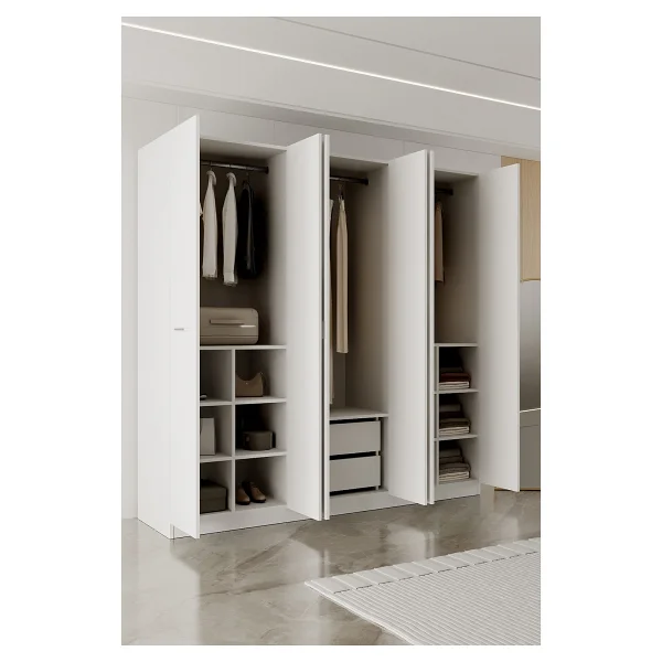 Aeka Ae-2191 Hisar Beyaz/Beyaz Aynalı 6 Kapaklı Çok Bölmeli Askılı Ve Raflı Geniş Hacimli Gardırop 210x210 Cm - Görsel 6