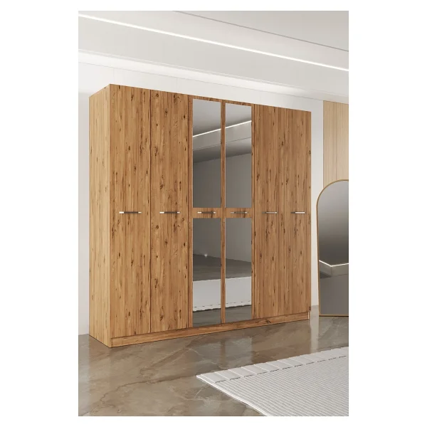 Aeka Ae-2191 Hisar Sonomo/Sonomo Aynalı 6 Kapaklı Çok Bölmeli Askılı Ve Raflı Geniş Hacimli Gardırop 210x210 Cm - Meşe - Görsel 10