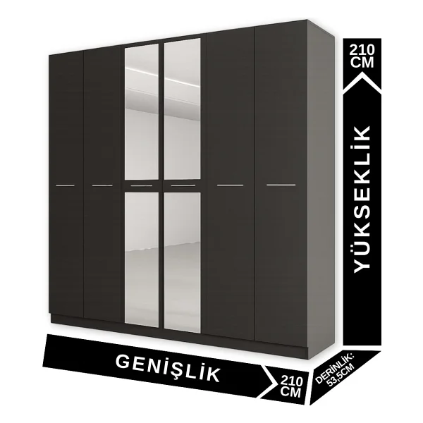Aeka Ae-2191 Hisar Antrasit/Antrasit Aynalı 6 Kapaklı Çok Bölmeli Askılı Ve Raflı Geniş Hacimli Gardırop 210x210 Cm - Görsel 2