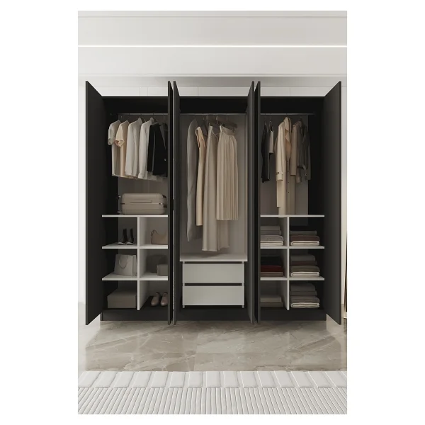Aeka Ae-2191 Hisar Antrasit/Antrasit Aynalı 6 Kapaklı Çok Bölmeli Askılı Ve Raflı Geniş Hacimli Gardırop 210x210 Cm - Görsel 3