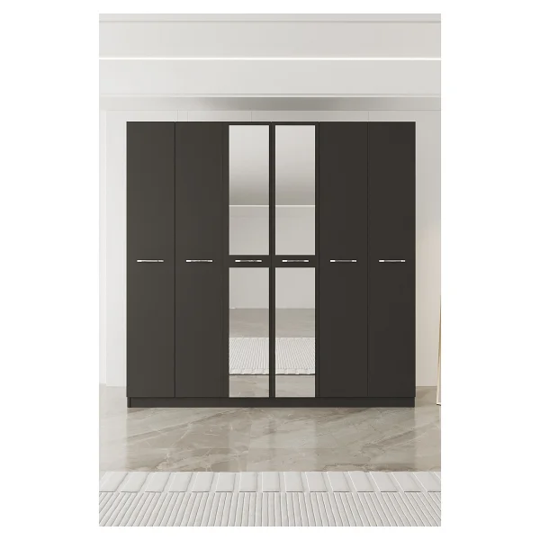 Aeka Ae-2191 Hisar Antrasit/Antrasit Aynalı 6 Kapaklı Çok Bölmeli Askılı Ve Raflı Geniş Hacimli Gardırop 210x210 Cm - Görsel 5