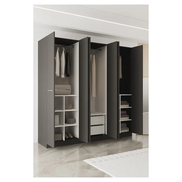 Aeka Ae-2191 Hisar Antrasit/Antrasit Aynalı 6 Kapaklı Çok Bölmeli Askılı Ve Raflı Geniş Hacimli Gardırop 210x210 Cm - Görsel 6