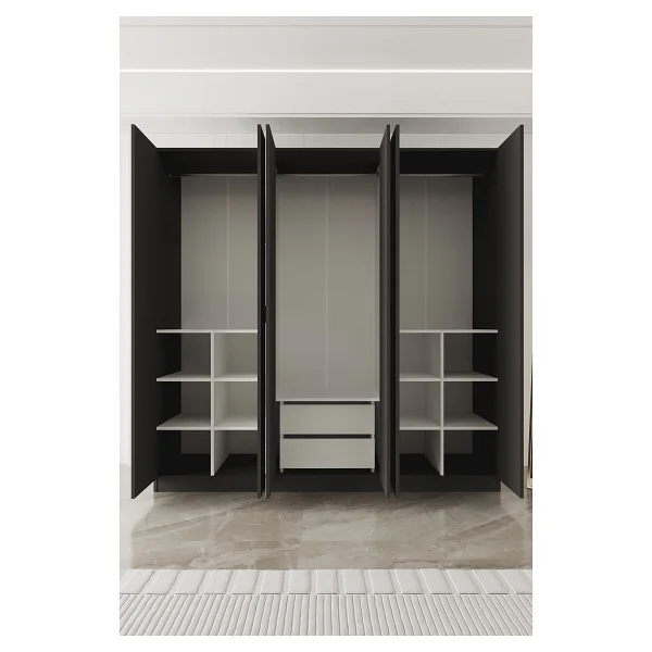 Aeka Ae-2191 Hisar Antrasit/Antrasit Aynalı 6 Kapaklı Çok Bölmeli Askılı Ve Raflı Geniş Hacimli Gardırop 210x210 Cm - Görsel 7