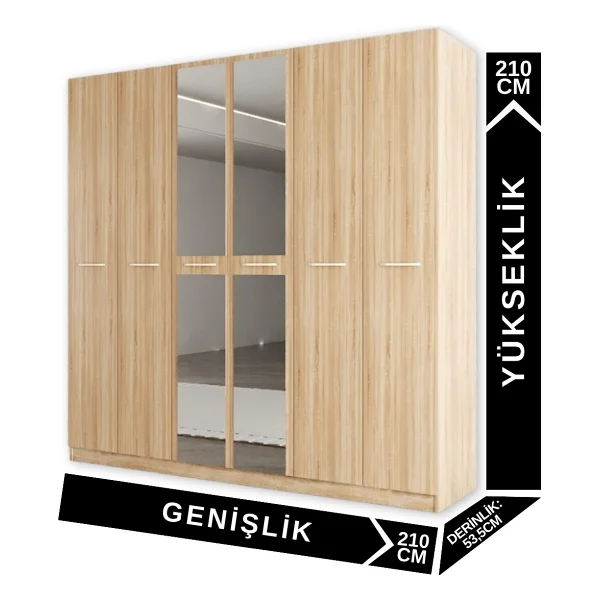 Aeka Ae-2191 Hisar Sonomo/Sonomo Aynalı 6 Kapaklı Çok Bölmeli Askılı Ve Raflı Geniş Hacimli Gardırop 210x210 Cm - Meşe - Görsel 2