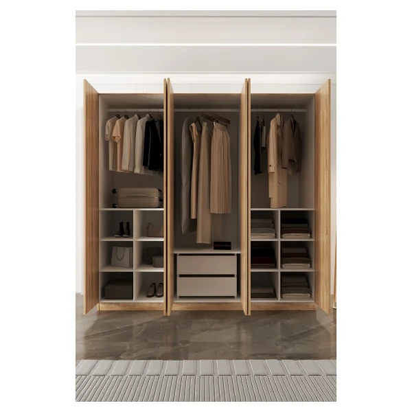 Aeka Ae-2191 Hisar Sonomo/Sonomo Aynalı 6 Kapaklı Çok Bölmeli Askılı Ve Raflı Geniş Hacimli Gardırop 210x210 Cm - Meşe - Görsel 3