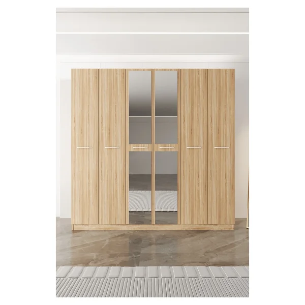 Aeka Ae-2191 Hisar Sonomo/Sonomo Aynalı 6 Kapaklı Çok Bölmeli Askılı Ve Raflı Geniş Hacimli Gardırop 210x210 Cm - Meşe - Görsel 5