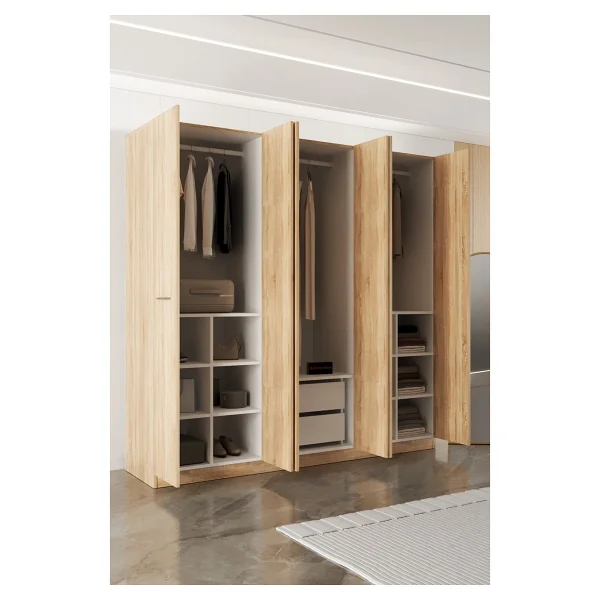 Aeka Ae-2191 Hisar Sonomo/Sonomo Aynalı 6 Kapaklı Çok Bölmeli Askılı Ve Raflı Geniş Hacimli Gardırop 210x210 Cm - Meşe - Görsel 6