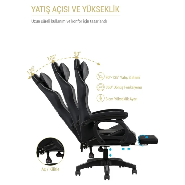 Fashcolle Dynamic Gri-Siyah Masajlı Oyuncu Koltuğu - Görsel 8
