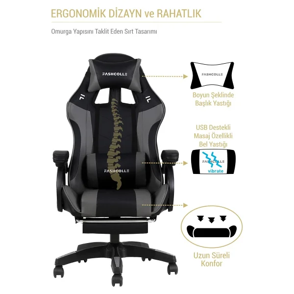 Fashcolle Dynamic Gri-Siyah Masajlı Oyuncu Koltuğu - Görsel 10