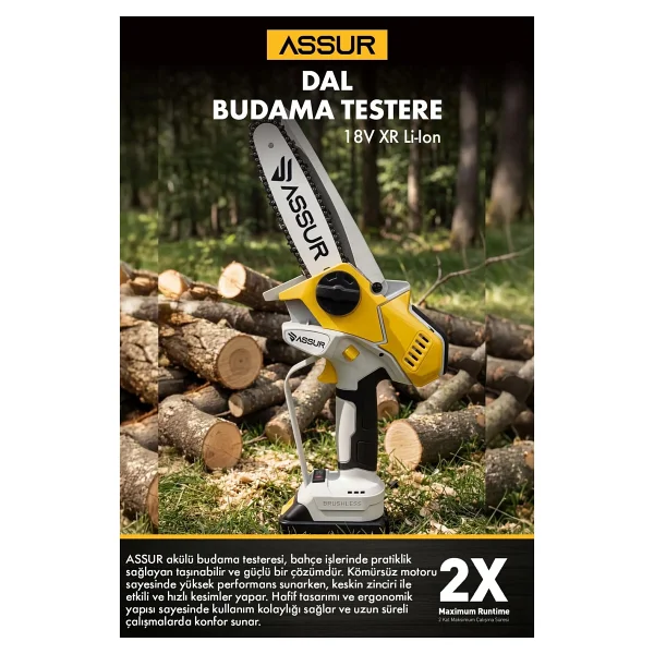 Assur Extra Power Kömürsüz Motor Şarjlı El Testeresi Ağaç Odun Dal Kesme Budama Turuncu - Görsel 2